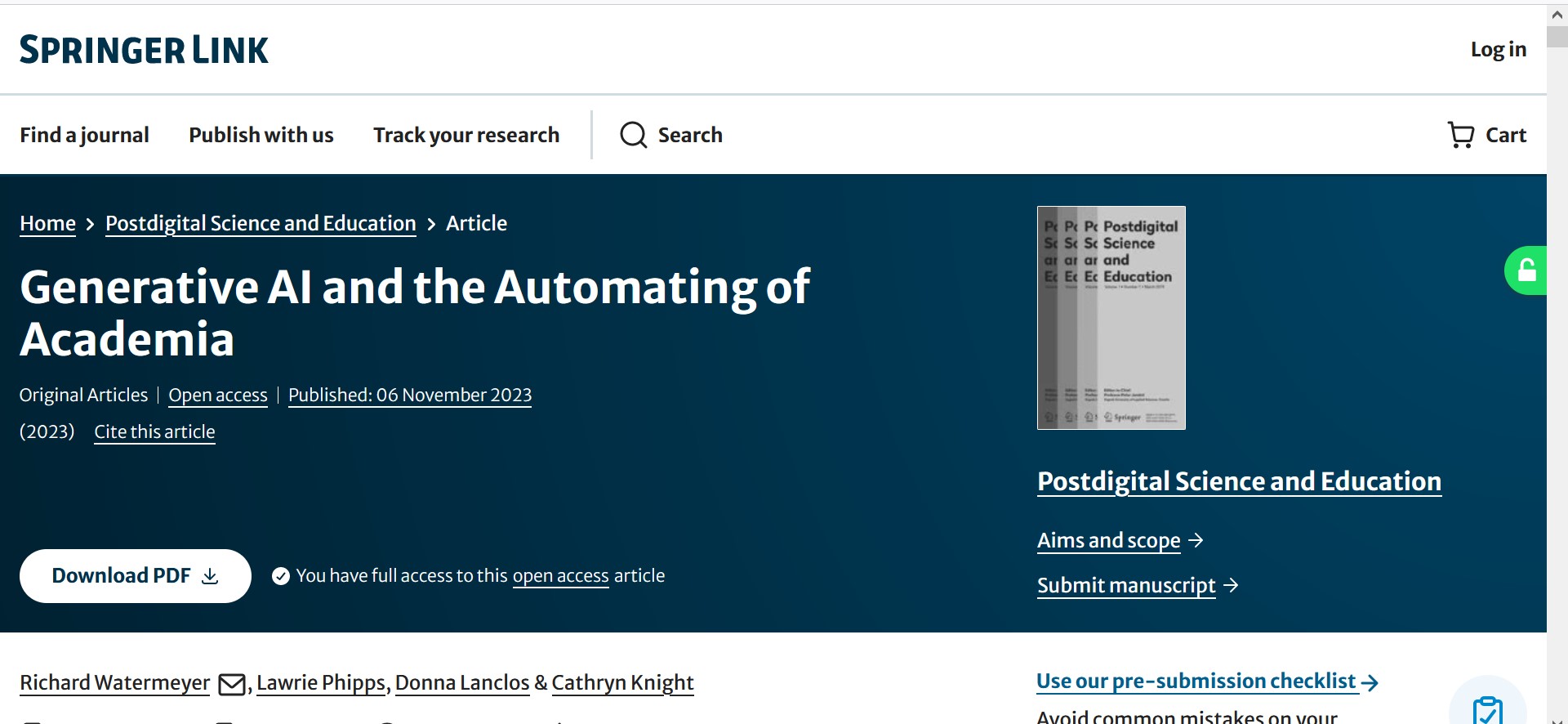 Screen shot of the article page for Generative AI and the Automating of Academia, link in blogpost