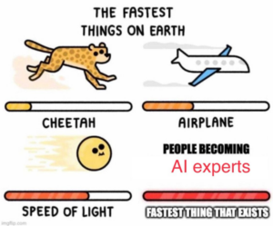 A cartoon showing "The Fastest things on earth" In order they are "A cheetah" followed by "an aeroplane", followed by "the speed of light", followed by "People becoming AI experts". (It is supposed to be a joke)
